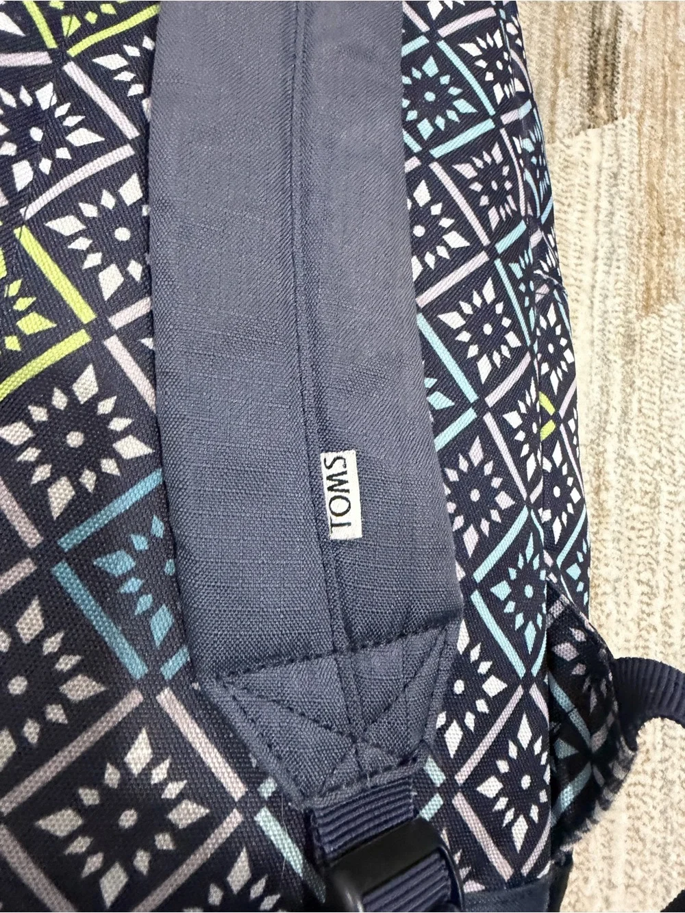 TOMS Navy Backpack with Blue and Lime Geometric Print